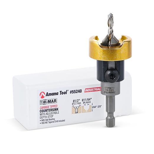 Amana Tool 82 Degree Countersink with Drill Bit Depth Stop and No-Thrust Ball Bearing, 55240, 1/2 D x 11/64 Drill D x 1/4 Inch Quick Release Hex Shank