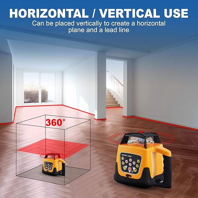 Rotary Laser Level Kit, 360 Degree Automatic Self Leveling Red Beam Horizontal Laser Transit, 500m Working Range for Construction & Building