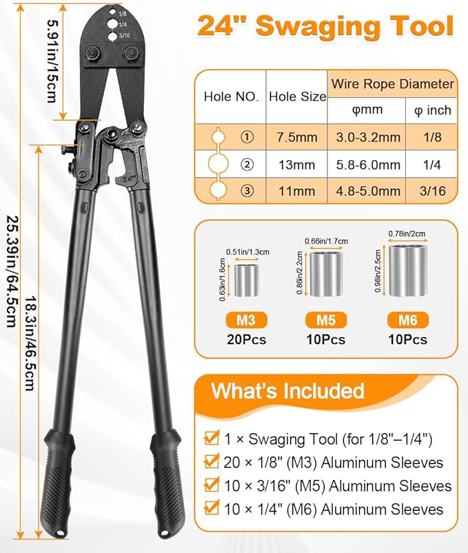 TooTaci 24 Inch Hand Swaging Tool, Wire Rope Crimping Tool for 1/8" 3/16" 1/4" Wire Cable, Heavy Duty Cable Long Hand Swager Crimper for Copper and Aluminum Oval Sleeves and Stop Sleeves