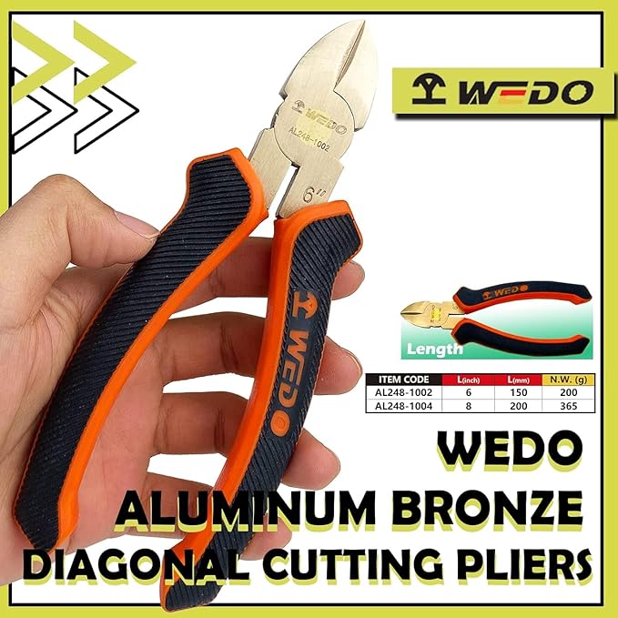 WEDO Non-Sparking Diagonal Cutting Pliers 6”, Spark-Free Side Cutters Pliers, Wire Cutters, Flush Cutting, BAM & FM Certificate, Aluminum Bronze, For Electrical and Homes
