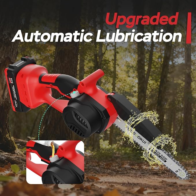 8" Brushless Mini Chainsaw with 2 Batteries | 8 Inch Cutting Bar Brushless Motor 2 Batteries Included Tool-Free Chain Tensioning Safety Lock and Guard
