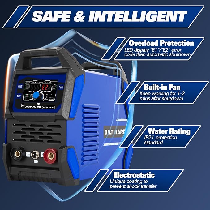 BILT HARD 135A 3-in-1 IGBT Inverter Welder, 110V Flux Core MIG/Lift TIG/Stick Welding Machine with Synergic Control, LED Display, 2T/4T/SPOT Modes & Full Kit (Solar Helmet, Gloves)