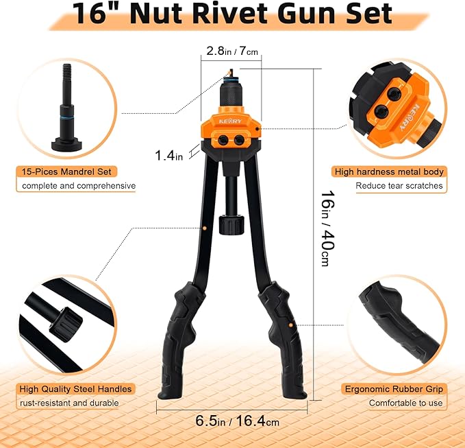 Kerry 16" Rivet Gun Nut Tool, Professional Rivet Nut Tool Kit with 11 Metric & Inch Mandrels M3 M4 M5 M6 M8 M10 M12, SAE10-24, 1/4-20, 5/16-18, 3/8-16, 110pcs Rivnuts and Blow Carry Case
