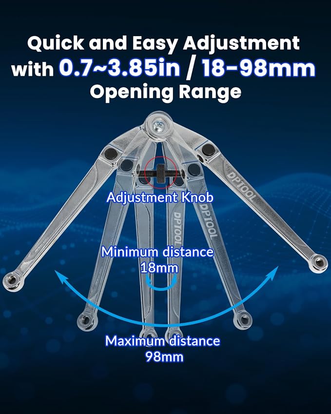DPTOOL Adjustable Pin Spanner Wrench Set Pulley Holder Tool Set | PW-100 Style 18-98mm Universal Double Pin Wrench Heavy Duty Steel Wrench Tool for Bearings, Pulleys and Lock Nuts