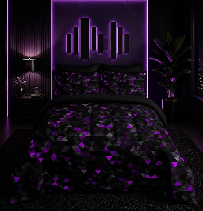 Nttopship Geometric Violet Black Triangle King Size Comforter Set,Light Honeycomb Bedding Set 7 Piece in A Bag,Bed Sheet Set Geometry Decor,Microfiber Lightweight All Season