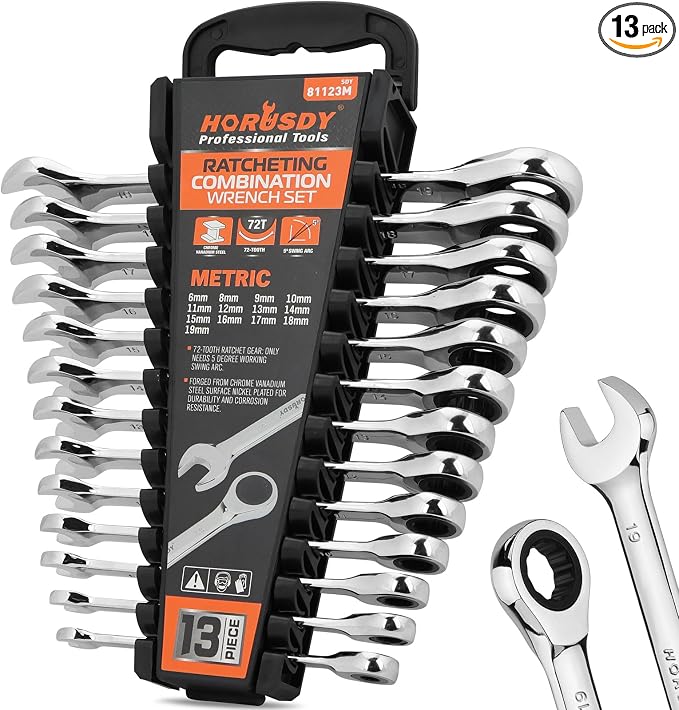 HORUSDY 13-Piece Sturdy Ratcheting Wrench Set | Metric Sizes 6–19mm | Max Torque Ratchet Combination Wrenches Set with Storage Rack | 72-Tooth | Chrome Vanadium Steel