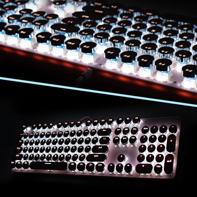 YSCP Typewriter Style Mechanical Gaming Keyboard White Backlit Wired with Blue Switch Retro Round Keycap 104 Keys Keyboard (Pink)