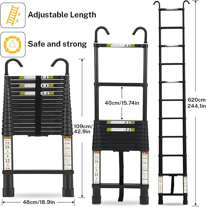 RIKADE Telescopic Ladder, 20.3 ft Aluminum Telescoping Ladder with Stable Hook and Non-Slip Feet, Portable Extension Ladder for Household and Outdoor Working, Max Load 330 lb, Black