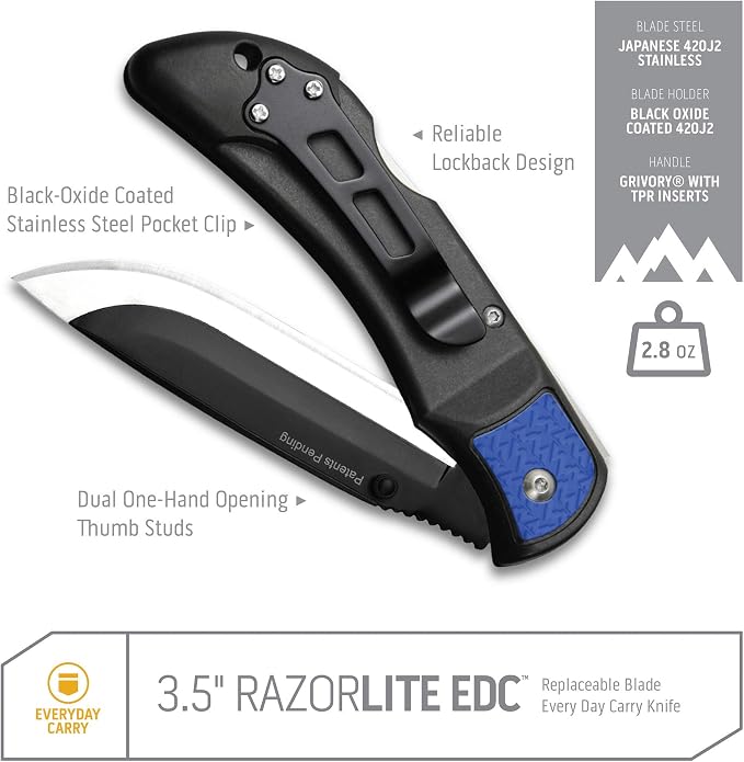 OUTDOOR EDGE 3.5" RazorLite EDC Knife. Pocket Knife with Replaceable Blades and Clip. Perfect For Hunting & Skinning Deer. Blue with 6 Blades