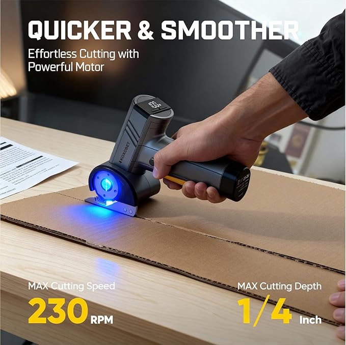 2026 Upgrade 4.2V Cordless Cutting Tool, Cardboard Cutter with LED Display, Brushless Motor, Tungsten Steel 3 Blades, Electric Chop Saw for Fabric, Cardboard, Leather, Carpet-Orange