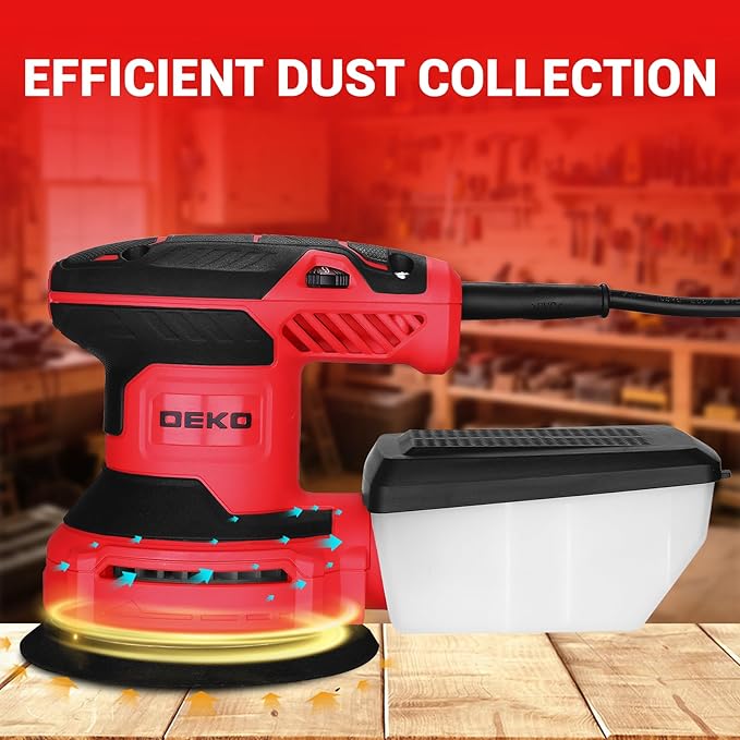 DEKOPRO Electric Sander with 16 Sandpapers, 14000RPM, 5-Inch, High Performance Dust Collection - For Woodworking