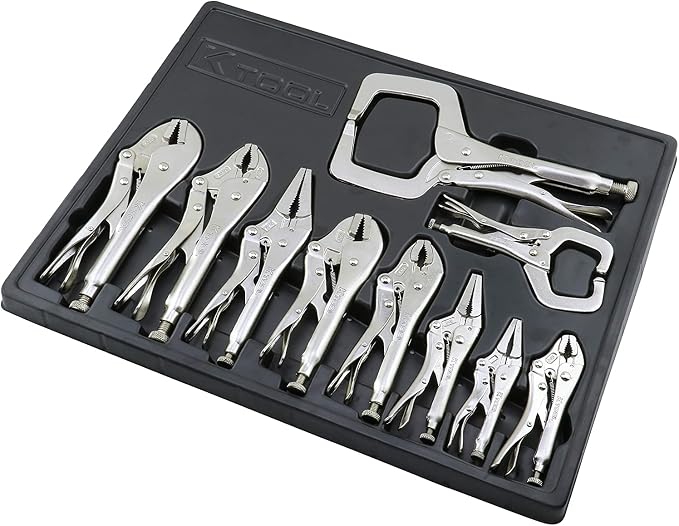 K Tool International 58730 Automotive Vice Grip Locking Straight, Curved Jaw, Needle Nose Plier Set for Garages, Repair Shops, and DIY, Heat Treated Nickel Plated Steel, Organizing Tray, 10 Piece