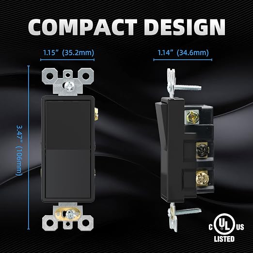 ELEGRP 4 Way Decorative Light Switch, 15Amp, 120-277 Volt, AC Decorator Rocker Paddle Wall Switch Replacement, Self-Grounding, Residential and Commercial Grade, UL Listed (5 Pack, Glossy Black)
