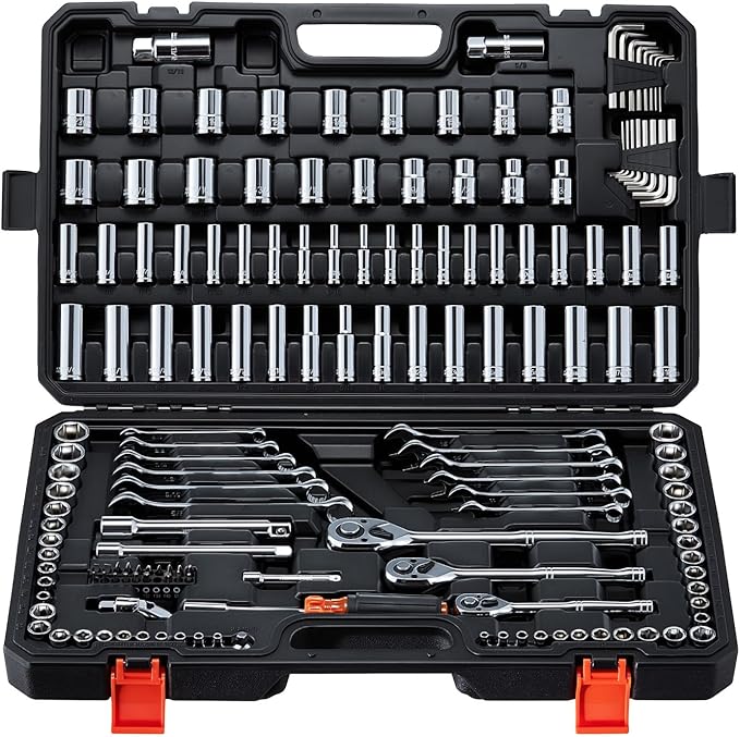 VEVOR Mechanics Tool Set, 159-Piece Mechanic Tool Kit, 1/4 in, 3/8 in, and 1/2 in Drive, SAE and Metric Socket Set, Wrenches, Screwdriver Bits, Accessories, and Storage Case, for Automotive Repair