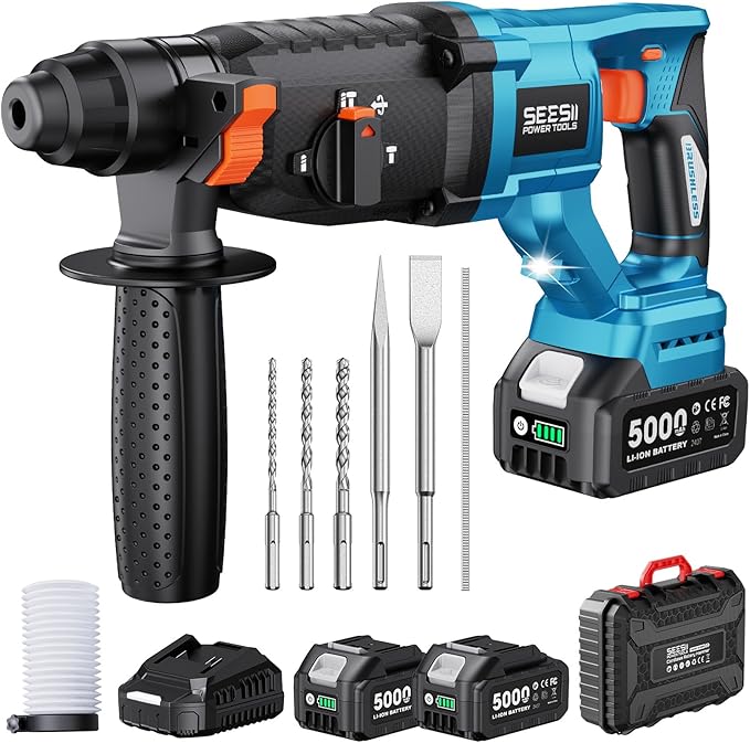 Seesii 1" Cordless SDS-Plus Rotary Hammer Drill with 2x5.0Ah Batteries, 3.2J Impact Energy Brushless Motor, 4-Mode with Kickback protection, Chisels, Drill Bits for Concrete Drilling & Home Renovation