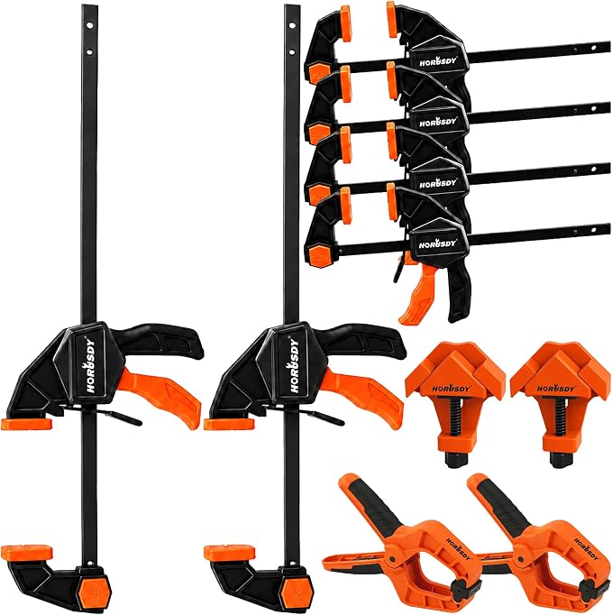 10-Piece Bar Clamp Set for Woodworking, 4 x 6-inch & 2 x 12-inch One-Handed F Clamp/Spreader, 132 lbs Load Capacity, Includes Spring Clamps & 90° Angle Clamp, Quick-Release Grip