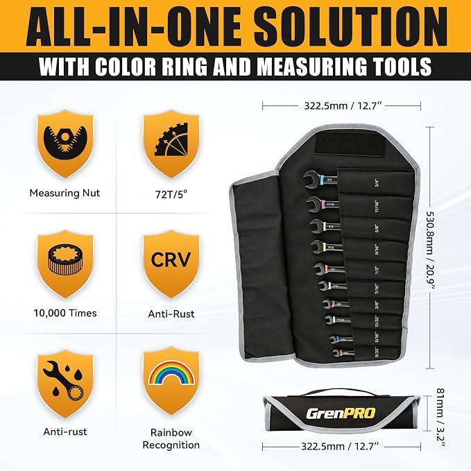GRENPRO 11PC SAE Ratcheting Wrench Set 9/32" - 3/4" Combination Open End | Includes Bolt Gauge, Electro-Coated CR-V Steel, 72-Tooth 5Deg Swing 12Pt Color Rings, Roll Pouch for Auto & Home Repair