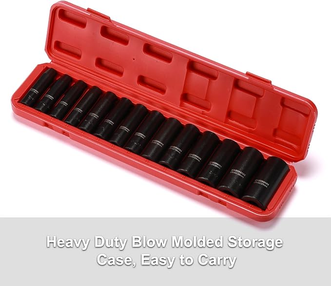 CASOMAN 1/2-Inch Drive Deep Impact Socket Set, 14 Pieces Set, 10mm-27mm, CR-MO, Metric, Heavy Duty Storage Case