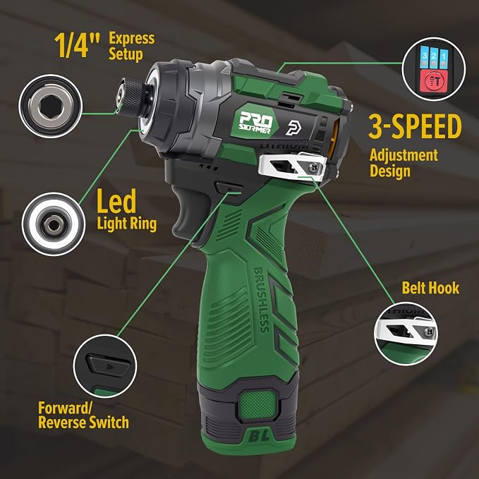 Prostormer 17V Cordless Impact Driver Set, 140Nm Brushless Screwdriver with 3 Variable Speed, 1/4” Hex Chuck, 18 Pcs Bits, 1.5Ah Batteries & Charger