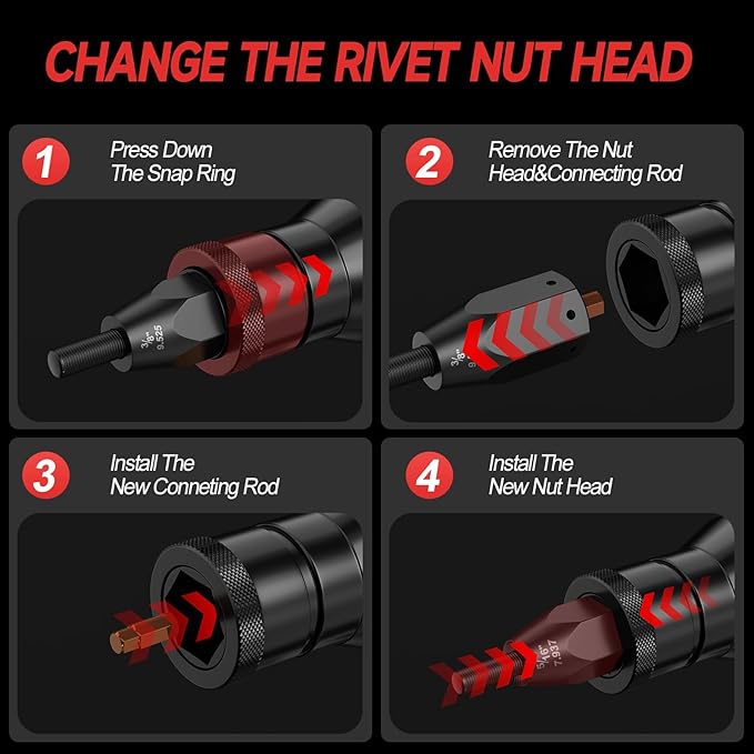 Cordless Rivet Nut Gun for Milwaukee 18V Battery, Electric Rivet Nut Tool with 1/4", 5/16", 3/8" Nut Head, Portable Battery Powered Rivetnut Tool, Auto Mode & Memory Mode, Tool Only