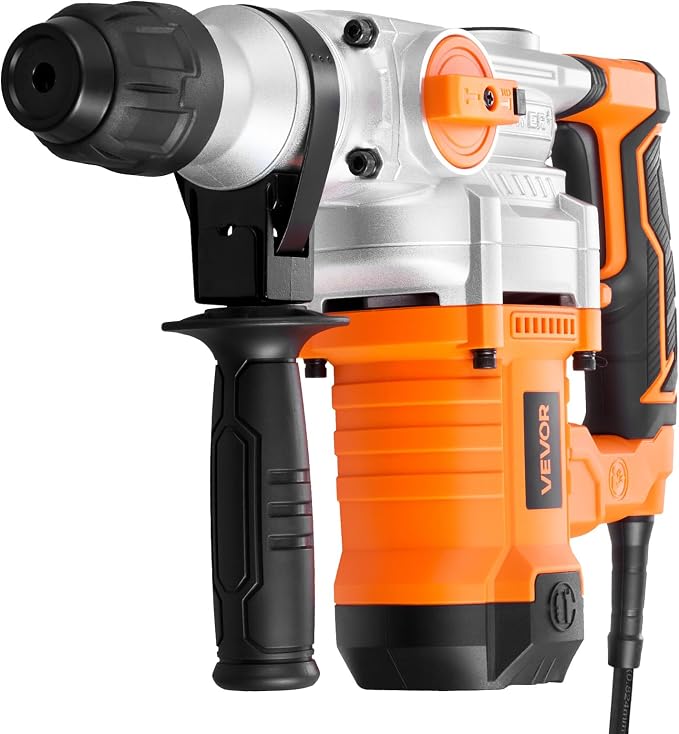 VEVOR Rotary Hammer Drill, 1-1/8 in SDS-Plus Electric Corded Heavy Duty Rotary Hammer, Including 3 Drill Bits, Flat Chisel, Pointed Chisel, Grease, Brush, and Carrying Case, for Concrete and Masonry