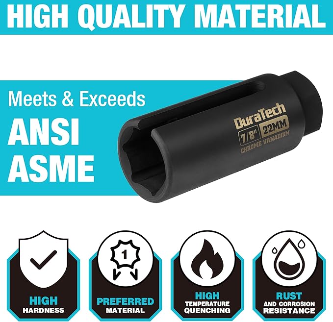 DURATECH O2 Oxygen Sensor Socket 3/8" Drive x 7/8"(22mm), Oxygen Sensor Remover Tool Chrome-Vanadium Steel with Side Wire Gate, O2 Removal and Installation