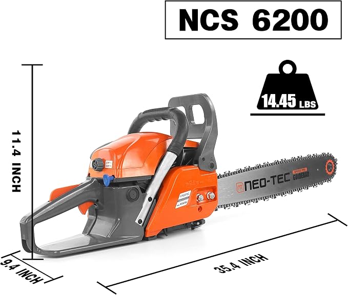 NEO-TEC 62cc 20 Inch Gas Powered Chainsaw 2-Cycle Petrol 3.5HP Handheld Reliable Motosierra De Gasolina for Tree Pruning Wood Cutting Firewood Preparation and Yard Maintenance