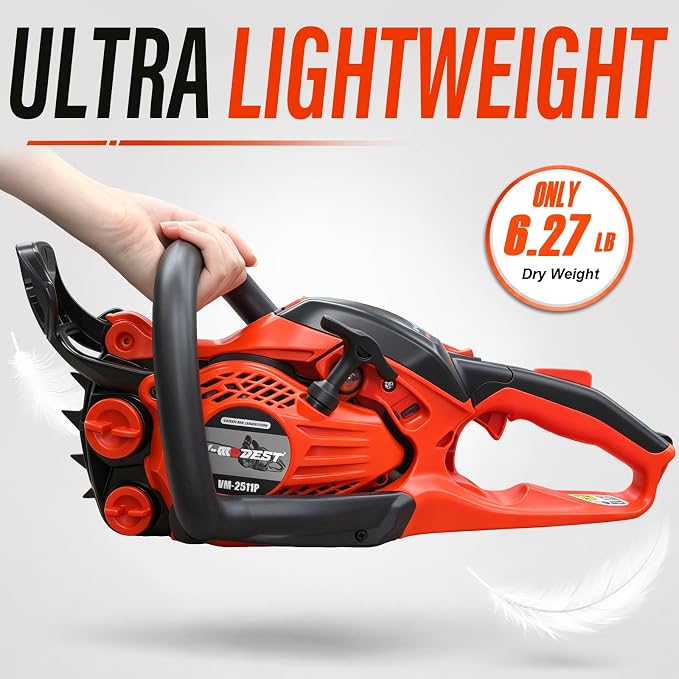 12 inch Gas Chainsaw, 25cc Lightweight Rear Handle Chainsaw | 2-stroke small gas chainsaw with auto oiler and side-access tensioner for tree pruning, branch trimming and yard cleanup