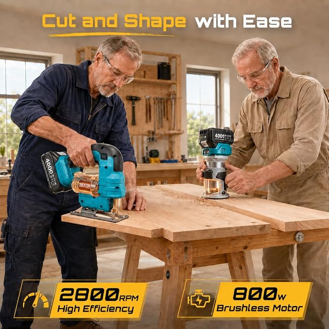 SEESII Cordless Jigsaw and Wood Router Tool Combo Kit | with Batteries and Charger, Brushless Aluminum Palm Router, 0-45° Bevel Jig Saw, Adjustable Speed for Cutting & Trimming