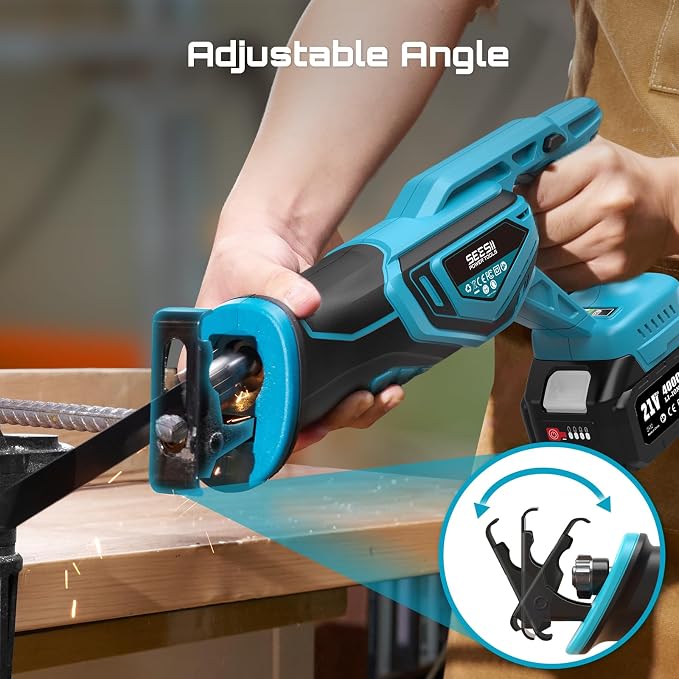 SEESII Cordless Reciprocating Saw, Brushless Motor with 8 Saw Blades | Variable Speed 3500 RPM, 2 x 4.0Ah Batteries, Tool‑Free Blade Change, Adjustable Shoe, for Wood PVC Cutting