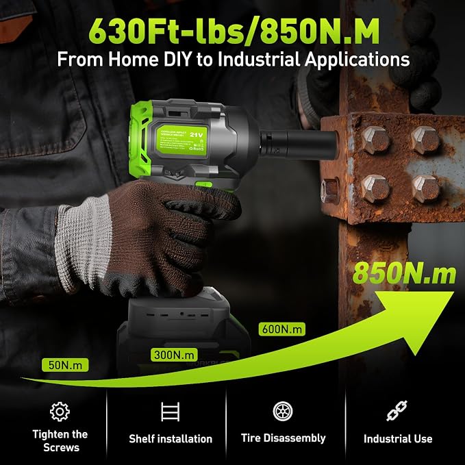 Cordless Impact Wrench 1/2" 630Ft-lbs(850N.m) with 21V Battery | High Torque Impact Driver,4.0Ah Battery Electric Brushless Impact Gun for Car/Heavy Truck/Pickup,3-Speed,4 Socket,LED Light