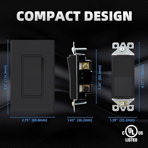 ELEGRP Matte Black 3 Way Decorative Light Switch with Plate, 15Amp, 120-277 Volt, AC Rocker Paddle Wall Switch Replacement, Self-Grounding, Residential Grade, w/Wall Plate, UL Listed (10 Pack)