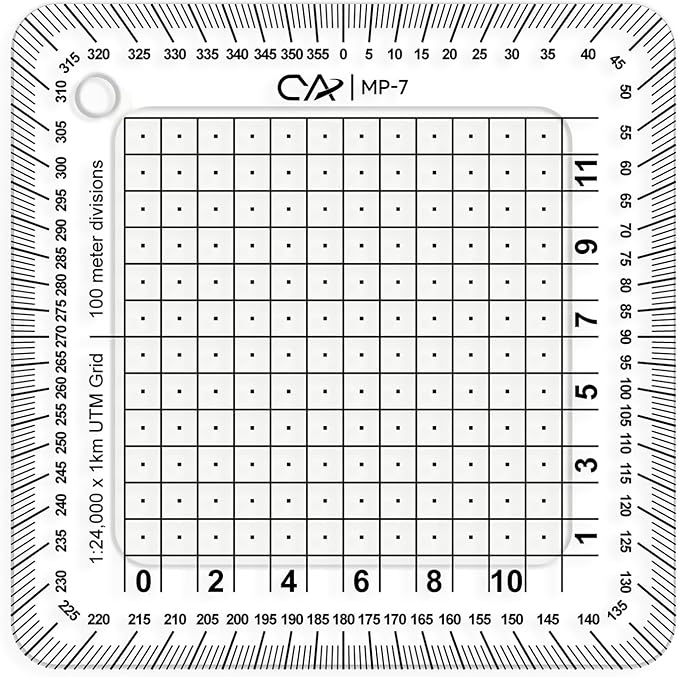CYA Square Military Map Coordinate Scale Protractor Map for Land Navigation, Military Style UTM/MGRS Coordinate Scale