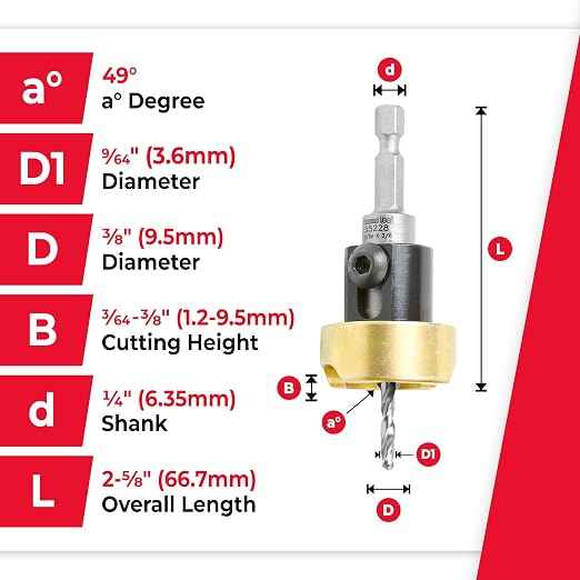 Amana Tool 82 Degree Countersink with Drill Bit Depth Stop and No-Thrust Ball Bearing, 55228, 3/8 D x 9/64 Drill D x 1/4 Inch Quick Release Hex Shank