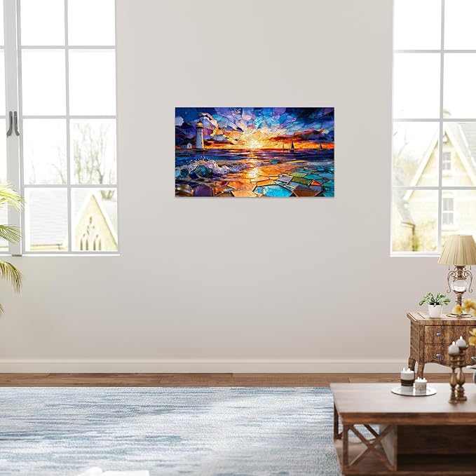 Leodozzio Sunset Lighthouse Wooden Jigsaw Puzzles 500 Pieces, Stained Glass Puzzle, 5MM Thick Unique Shaped Ocean Wooden Puzzle for Adults, Nautical Art Gift, Family Game, 10.7x19 Inch