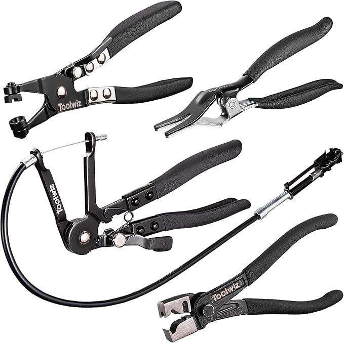 Toolwiz 4 Pcs Hose Clamp Pliers, Spring Coolant Radiator Hose Clamp Pliers Automotive Tools, Includes 27" Long Reach Wire Spring, Flat Band, Remover, Clic-R Type Hand Tools