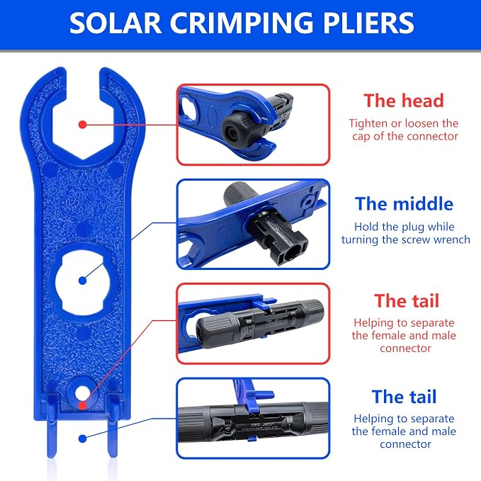 Solar Panel Connector, 60PCS Solar Crimper Tool Kit for Connecting Solar Panel Cable Wire, Solar Connector Kit with 30 Pairs Male/Female Solar Connectors, 1PCS Solar Crimper, 2 PCS Spanner Wrench