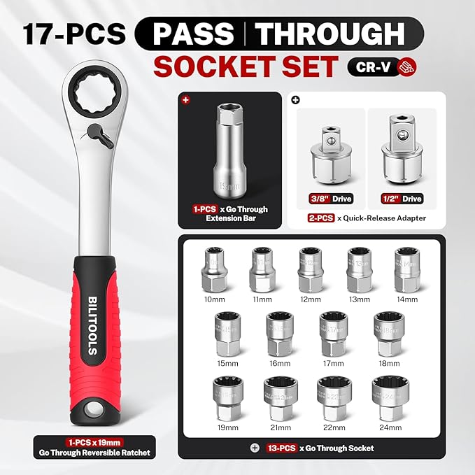 BILITOOLS 17PCS 3/8" & 1/2 Pass Through Socket Set, 2-In-1 Conversion | for Standard Ratchet/Pass-Through Ratchet, Pass Thru, Go Through, Mechanics Tools Set for Hex, Square, E-Torx, Spline