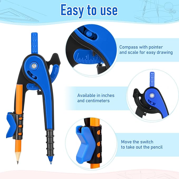 Zonon Student Protractor and Compass Set, Student Geometry Math Set Drawing Compass and 180 Degree 6 Inch Protractor with Swing Arm for Drawing Measuring School Office(Blue)