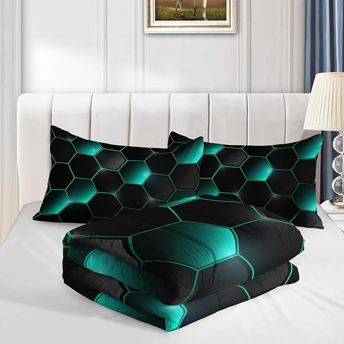 Geometric Black Green Neon Comforter Set,Light Honeycomb 3 Piece Bedding Set Queen for Teen Boys,Modern Bedding Quilt Set Geometry Decor,Microfiber Lightweight 1 Comforter 2 Pillowcases All Season