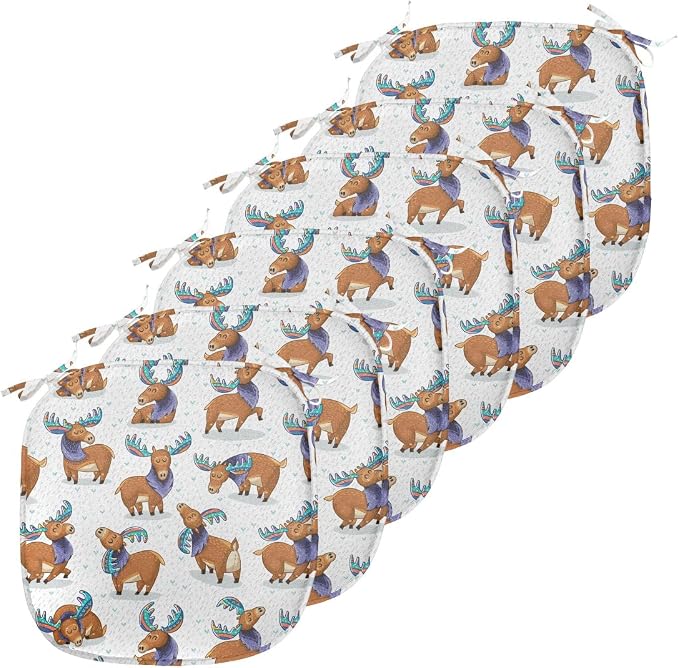 Lunarable Deer Chair Seating Cushion Set of 6, Moose in Cartoon Elks with Rainbow Antlers Cheerful Comic Pattern, Anti-Slip Seat Padding for Kitchen & Patio, 16"x16", Turquoise Lavender