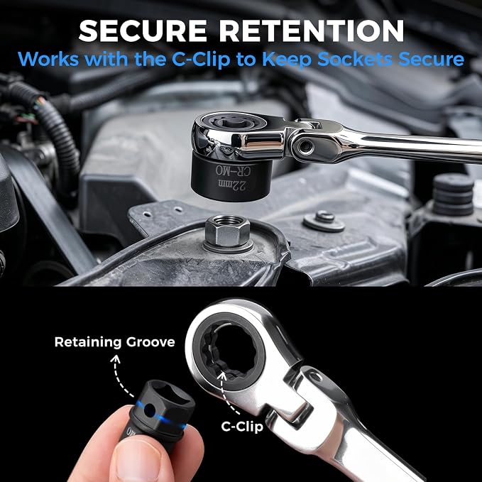 16.5" Long Flex Head Nano Ratchet Wrench & 19 Pcs 3/8" Nano Impact Sockets | Dual-Head Design, Laser-Etched Markings, 6-24mm, Metric, for Automotive, Bicycle & Industrial Use, Storage Case