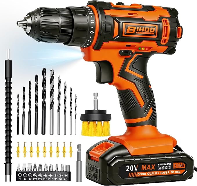 20v Drill Driver Set,Cordless Drill with Battery and Charger,LED Tools Kit,25+1 Torque Setting,43pcs Drill Bits,Orange