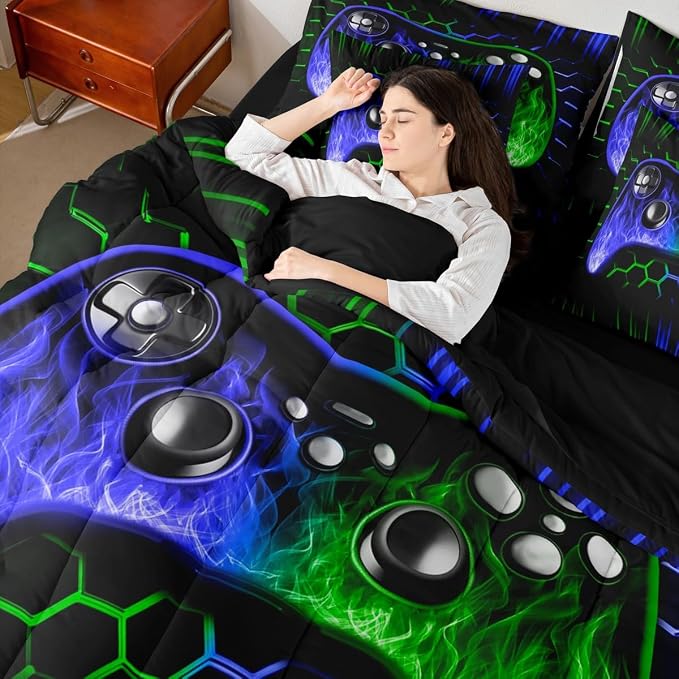 Erosebridal Boys Gaming Comforter Set 7 Piece Bed in a Bag Twin Ombre Art Honeycomb Bedding Set Blue Green Neon Lights Sheet Set Game Console Bed Set Geometric Hexagon Beehive Gaming Room Decor