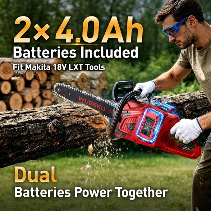 16-Inch 40V Brushless Chainsaw, Fits Makita 18V LXT Batteries | 2×4.0Ah Batteries & Charger, 69 ft/s Cutting, Auto Oiler, Safety Lock, Gloves & Goggles for Pruning, Yard Cleanup & Firewood