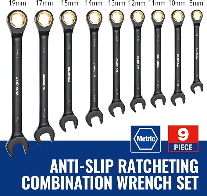 WORKPRO 9-Piece Anti-Slip Ratcheting Combination Wrench Set, Metric | 8-19 mm, 72-Teeth, Black Cr-V Wrenches Set with Roll Up Pouch, Anti-slip Wrenches for Automotive, Garage and Home Repairs