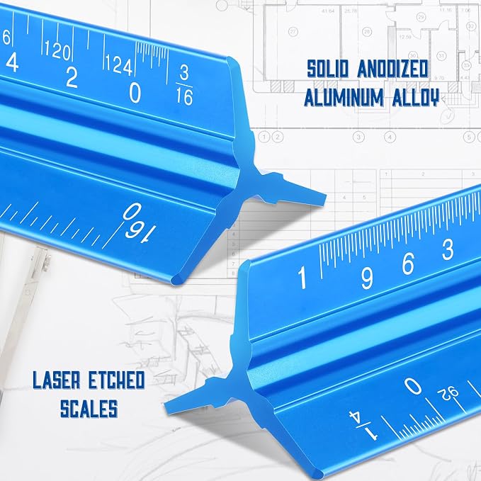 Macarrie 10 Pcs Architectural Scale Ruler 12" Architect Engineers Scale Triangular Ruler Set Aluminum Metal Rulers with Imperial Measurements for Architect Student Draftsman Engineer (Blue)
