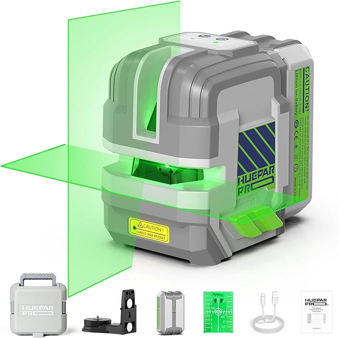 Huepar Pro Laser Level Rechargeable, Self Leveling Green Cross Line Laser Level Tool with Outdoor Pulse Mode, Compact Laser, 18-Hour Long Runtime, 360° Magnetic Bracket, Hard Carrying Case Included