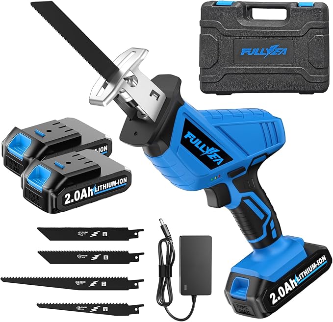 FULLYEA Reciprocating Saw Cordless, 0-3500SPM Variable Speed Reciprocating Saws with 4 Saw Blades, Tool-Free Blade Change, Electric Reciprocating Saws for Woods/Metal/Plastic Cutting,Blue
