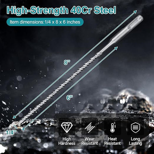 1/4 Inch x 8 Inch SDS Plus Rotary Hammer Drill Bit, Cross Tip Double Threaded Carbide Tipped for Concrete, Brick, and Stone (1/4" x 6" x 8")